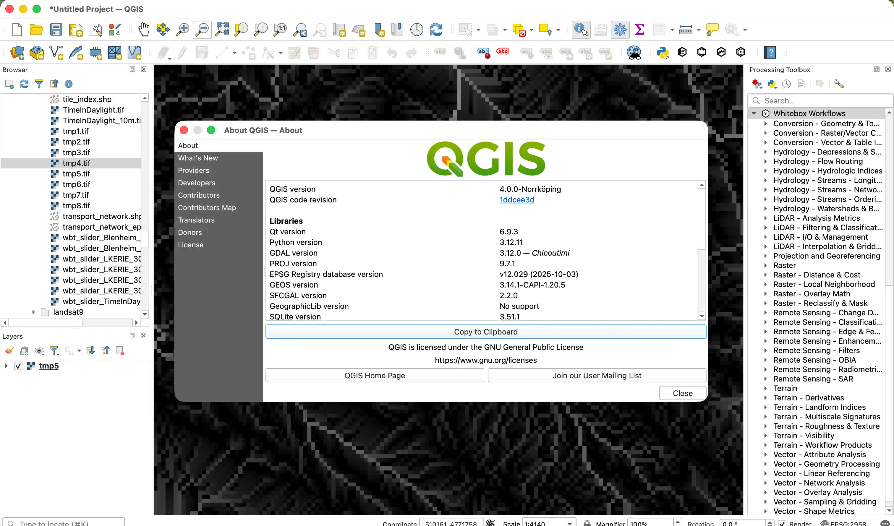 QGIS 4.0 Processing Toolbox showing Whitebox Workflows plugin with tool categories including Conversion, Hydrology, LiDAR, Raster, Remote Sensing, Terrain, and Vector